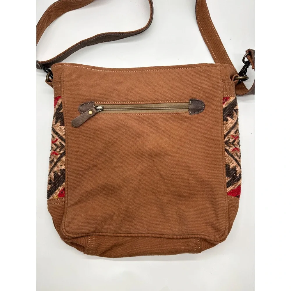Myra Bag Southwestern Aztec Canvas Leather Crossbody Messenger Bag Brown